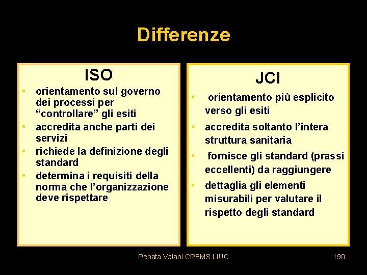 Differenze ISO • orientamento sul governo dei processi per “controllare” gli esiti • accredita