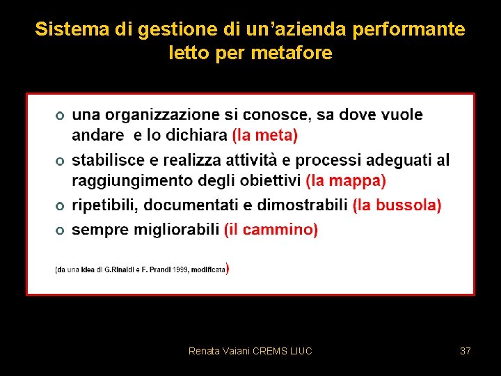 Sistema di gestione di un’azienda performante letto per metafore Renata Vaiani CREMS LIUC 37