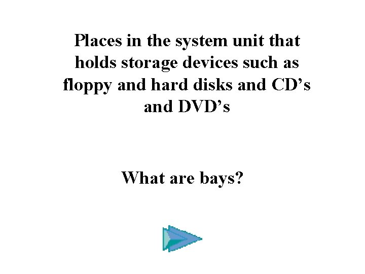 Places in the system unit that holds storage devices such as floppy and hard