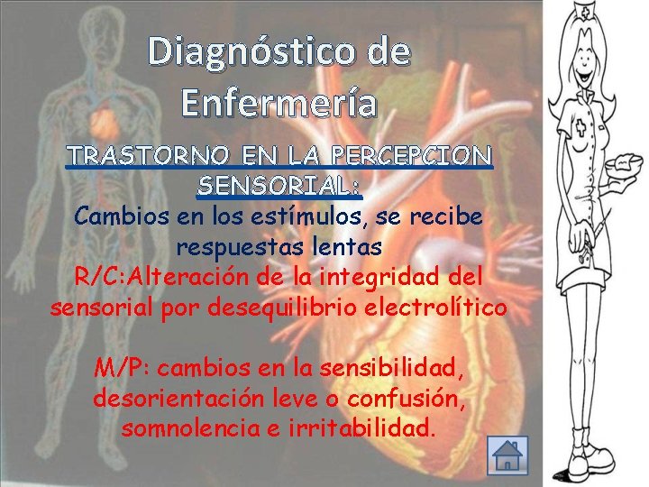 Diagnóstico de Enfermería TRASTORNO EN LA PERCEPCION SENSORIAL: Cambios en los estímulos, se recibe