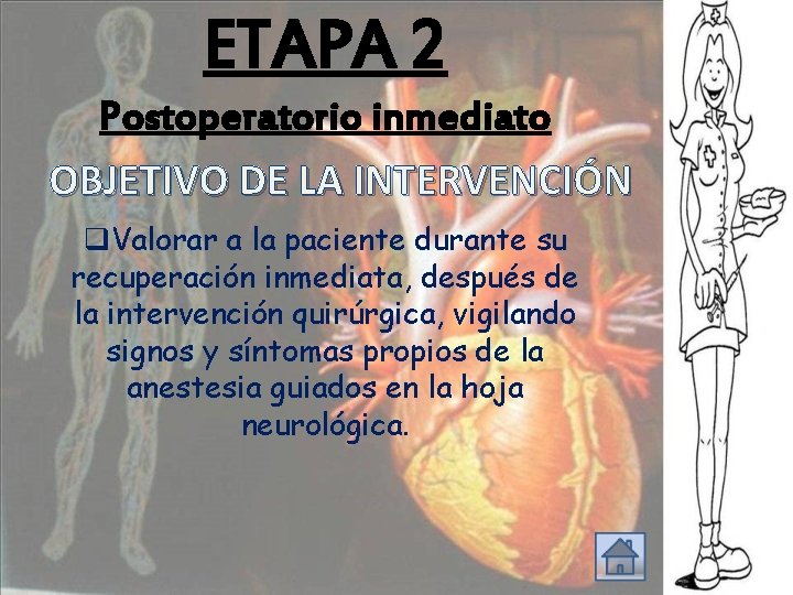 ETAPA 2 Postoperatorio inmediato OBJETIVO DE LA INTERVENCIÓN q. Valorar a la paciente durante