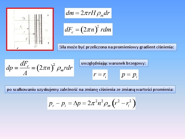 Siła może być przeliczona na promieniowy gradient ciśnienia: uwzględniając warunek brzegowy: po scałkowaniu uzyskujemy