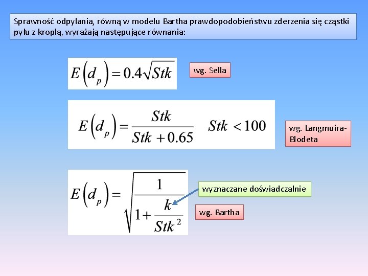Sprawność odpylania, równą w modelu Bartha prawdopodobieństwu zderzenia się cząstki pyłu z kroplą, wyrażają