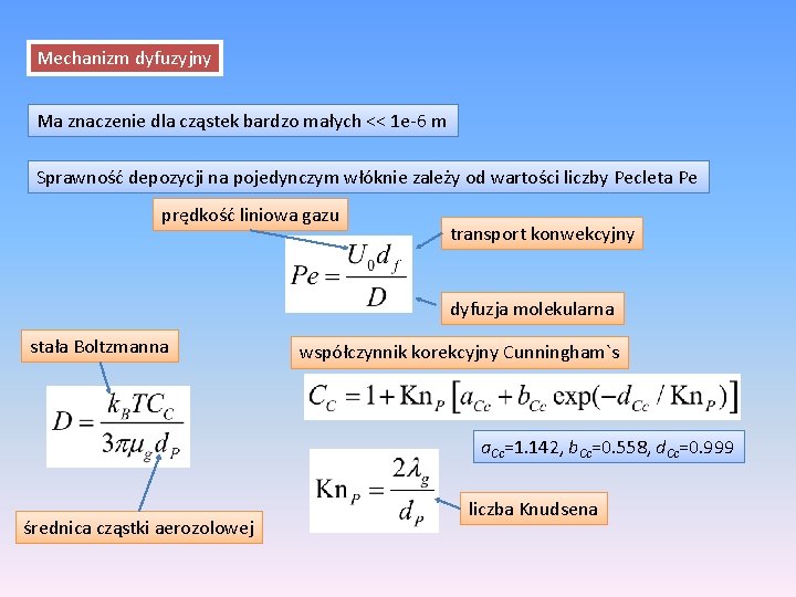 Mechanizm dyfuzyjny Ma znaczenie dla cząstek bardzo małych << 1 e-6 m Sprawność depozycji