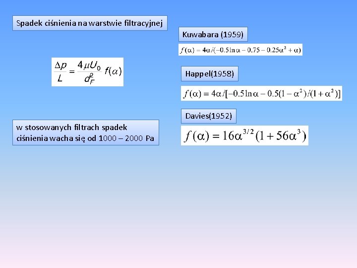Spadek ciśnienia na warstwie filtracyjnej Kuwabara (1959) Happel(1958) Davies(1952) w stosowanych filtrach spadek ciśnienia