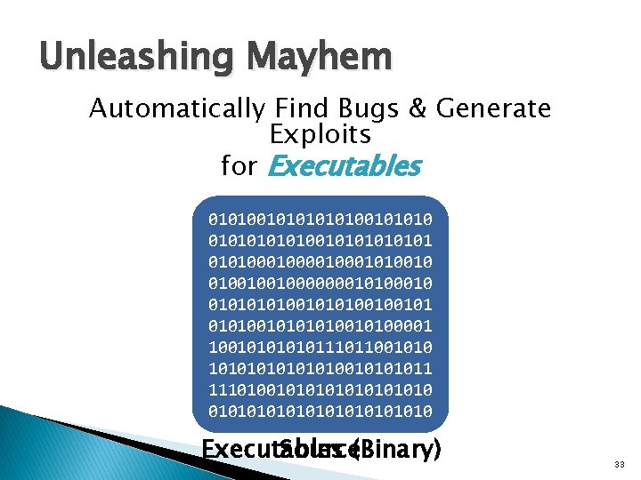 Unleashing Mayhem Automatically Find Bugs & Generate Exploits for Executables 010100101010 int main( int