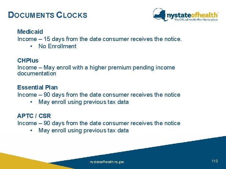 DOCUMENTS CLOCKS Medicaid Income – 15 days from the date consumer receives the notice.