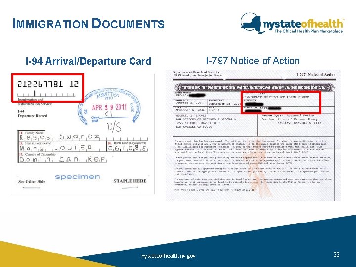 IMMIGRATION DOCUMENTS I-94 Arrival/Departure Card nystateofhealth. ny. gov I-797 Notice of Action 32 