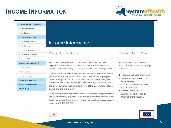 INCOME INFORMATION nystateofhealth. ny. gov 55 