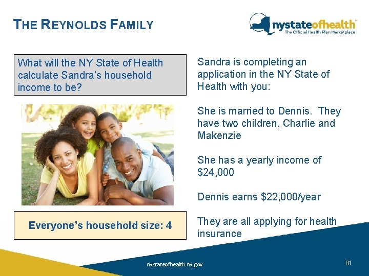 THE REYNOLDS FAMILY What will the NY State of Health calculate Sandra’s household income