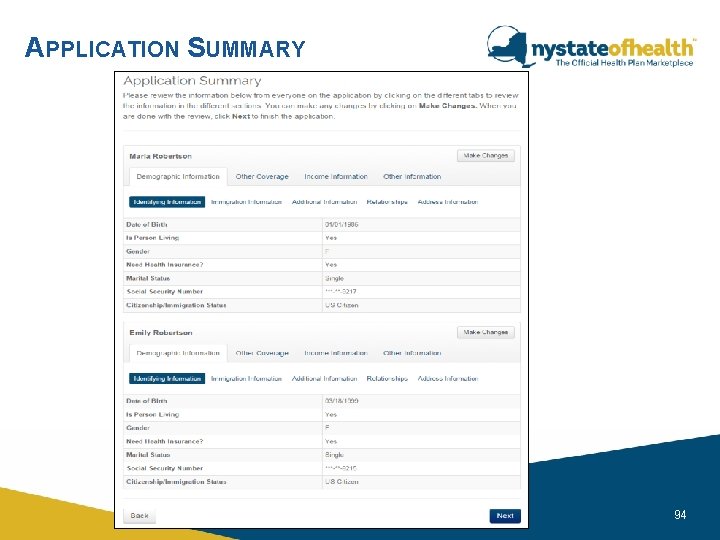 APPLICATION SUMMARY nystateofhealth. ny. gov 94 