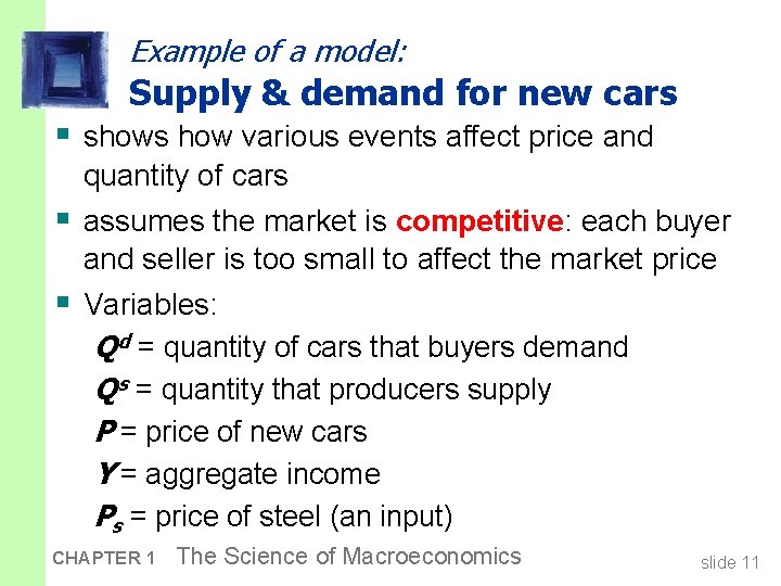 Example of a model: Supply & demand for new cars § shows how various