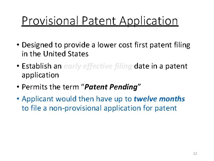 Provisional Patent Application • Designed to provide a lower cost first patent filing in