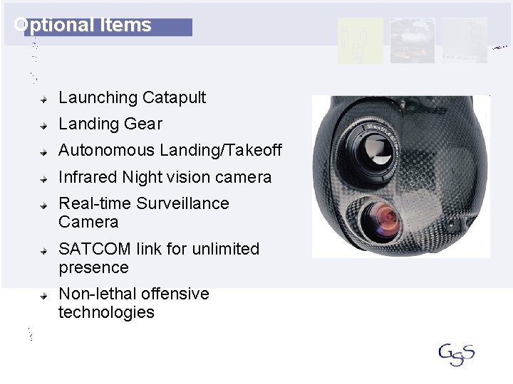 Optional Items Launching Catapult Landing Gear Autonomous Landing/Takeoff Infrared Night vision camera Real-time Surveillance