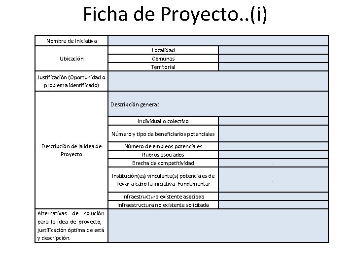 Ficha de Proyecto. . (i) Nombre de Iniciativa Ubicación Localidad Comunas Territorial Justificación (Oportunidad