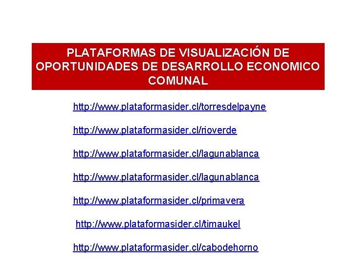 PLATAFORMAS DE VISUALIZACIÓN DE OPORTUNIDADES DE DESARROLLO ECONOMICO COMUNAL http: //www. plataformasider. cl/torresdelpayne http: