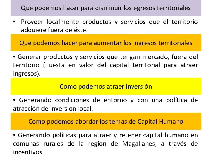 Que podemos hacer para disminuir los egresos territoriales • Proveer localmente productos y servicios