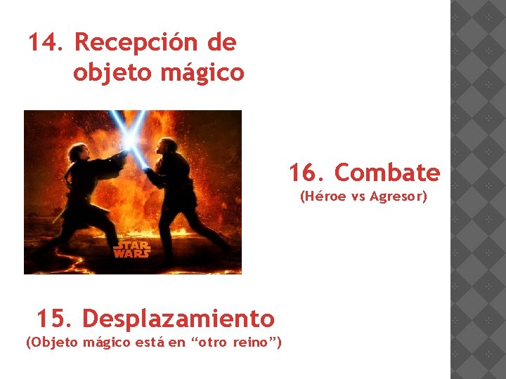 14. Recepción de objeto mágico 16. Combate (Héroe vs Agresor) 15. Desplazamiento (Objeto mágico