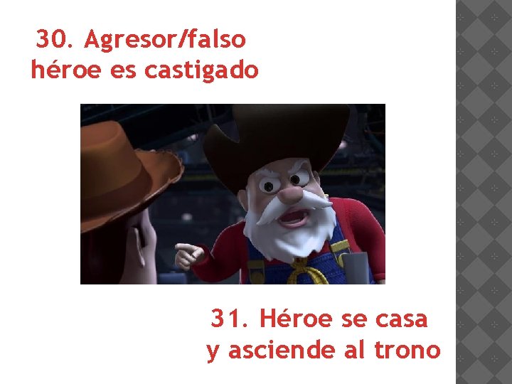 30. Agresor/falso héroe es castigado 31. Héroe se casa y asciende al trono 