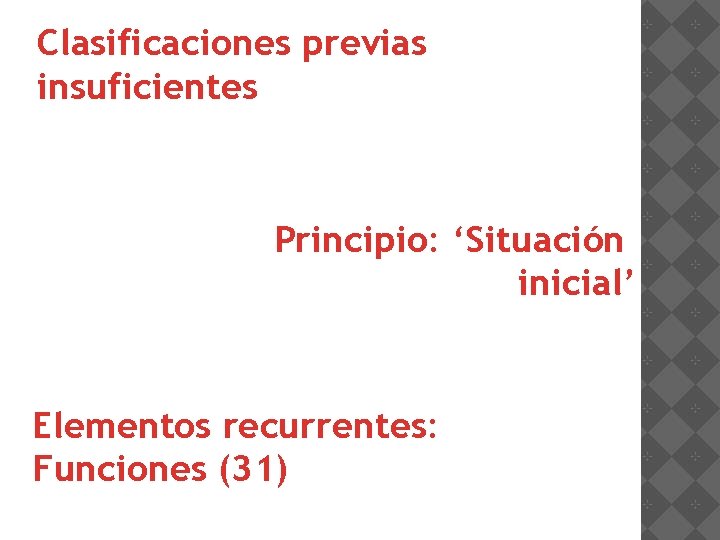 Clasificaciones previas insuficientes Principio: ‘Situación inicial’ Elementos recurrentes: Funciones (31) 