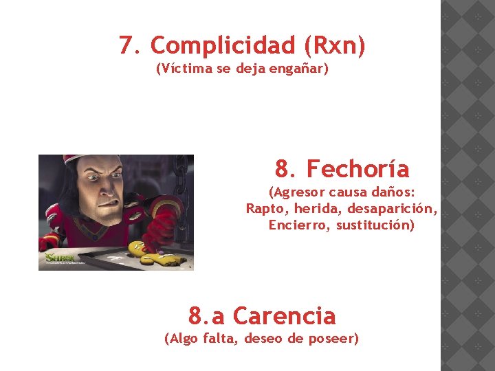 7. Complicidad (Rxn) (Víctima se deja engañar) 8. Fechoría (Agresor causa daños: Rapto, herida,