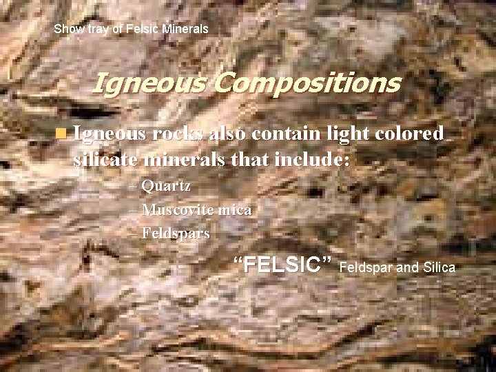Show tray of Felsic Minerals Igneous Compositions n Igneous rocks also contain light colored Show tray of Felsic Minerals Igneous Compositions n Igneous rocks also contain light colored