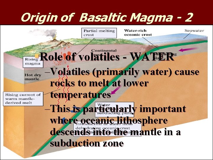 Origin of Basaltic Magma - 2 §Role of volatiles - WATER –Volatiles (primarily water) Origin of Basaltic Magma - 2 §Role of volatiles - WATER –Volatiles (primarily water)
