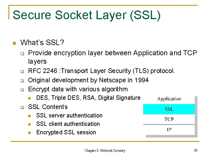 Secure Socket Layer (SSL) n What’s SSL? q q Provide encryption layer between Application