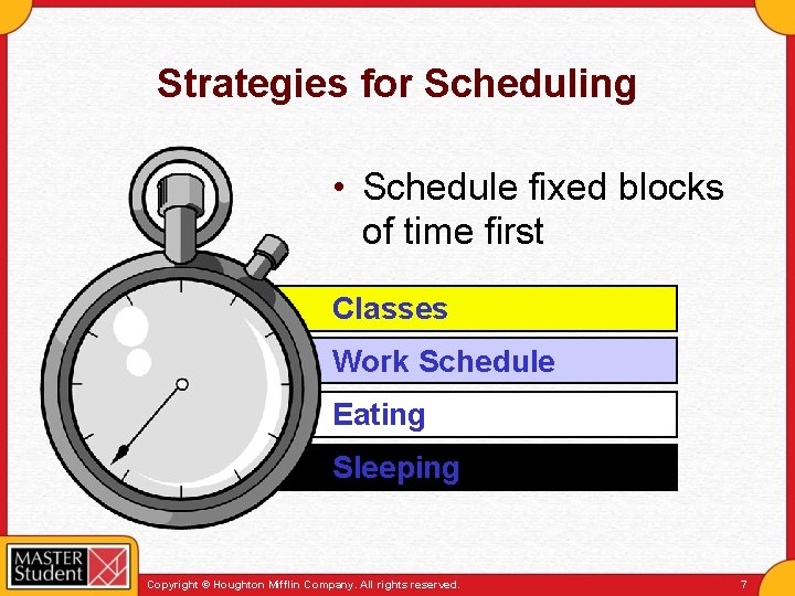 Strategies for Scheduling • Schedule fixed blocks of time first Classes Work Schedule Eating