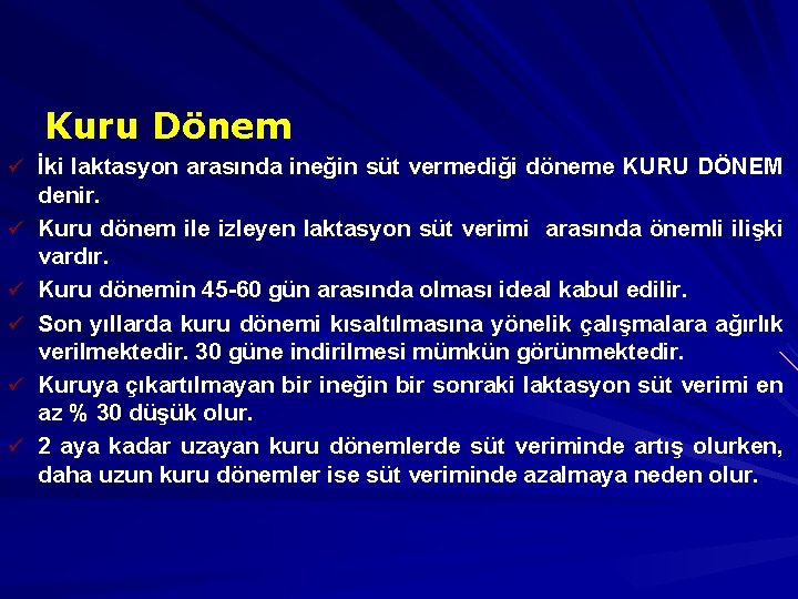 Kuru Dönem ü İki laktasyon arasında ineğin süt vermediği döneme KURU DÖNEM ü ü