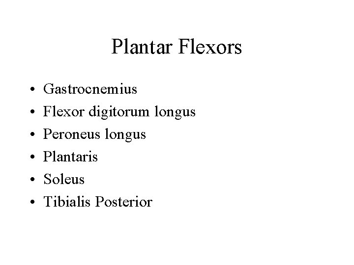 Plantar Flexors • • • Gastrocnemius Flexor digitorum longus Peroneus longus Plantaris Soleus Tibialis