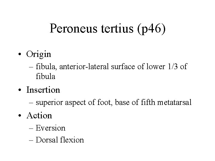 Peroneus tertius (p 46) • Origin – fibula, anterior-lateral surface of lower 1/3 of