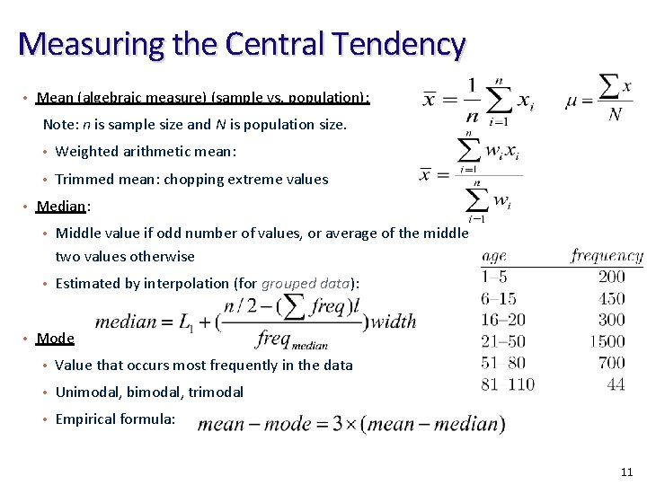 Measuring the Central Tendency • Mean (algebraic measure) (sample vs. population): Note: n is