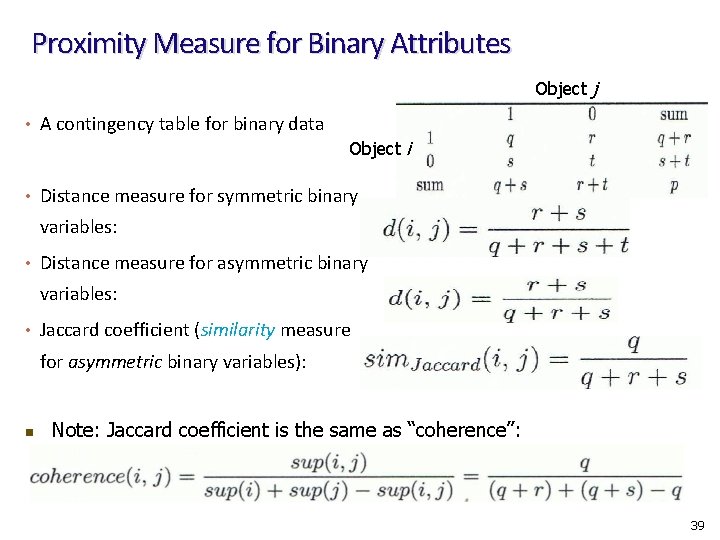 Proximity Measure for Binary Attributes Object j • A contingency table for binary data