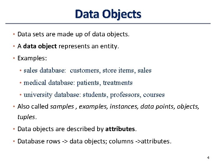 Data Objects • Data sets are made up of data objects. • A data