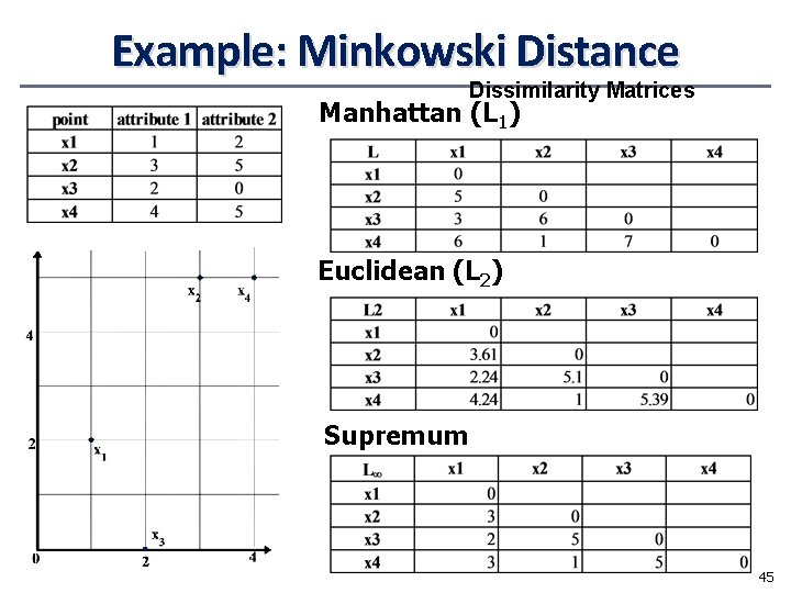 Example: Minkowski Distance Dissimilarity Matrices Manhattan (L 1) Euclidean (L 2) Supremum 45 