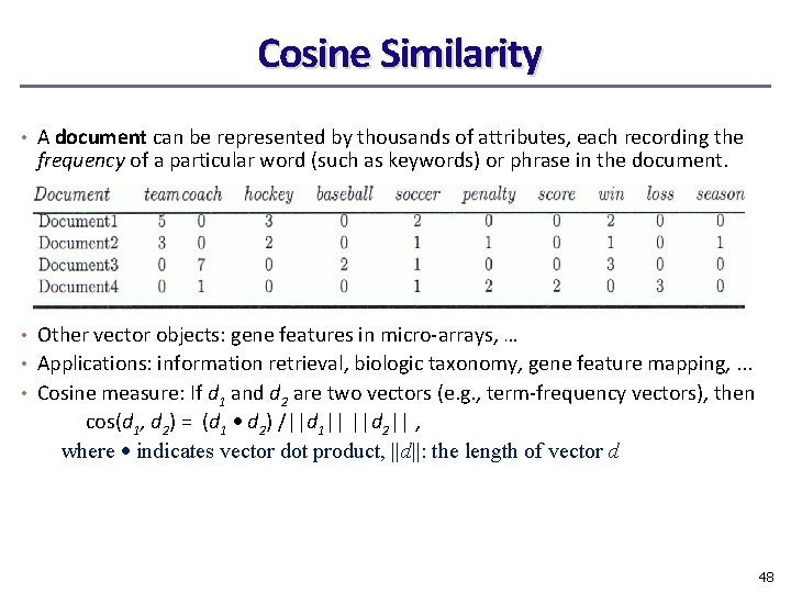 Cosine Similarity • A document can be represented by thousands of attributes, each recording