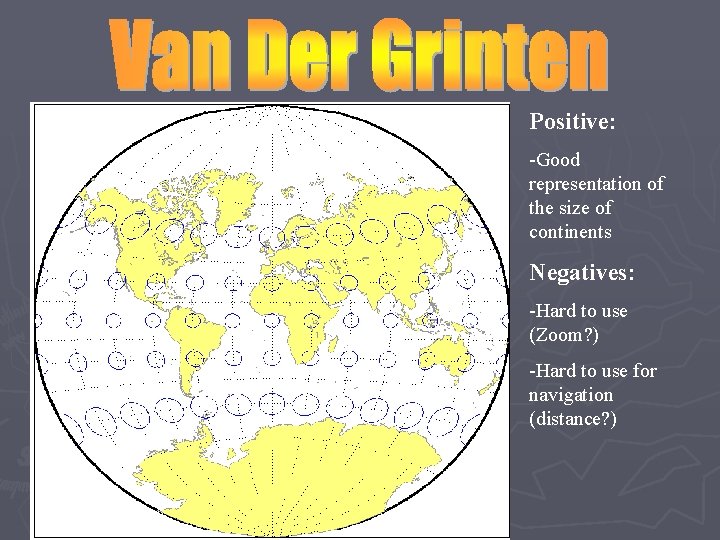 Positive: -Good representation of the size of continents Negatives: -Hard to use (Zoom? )