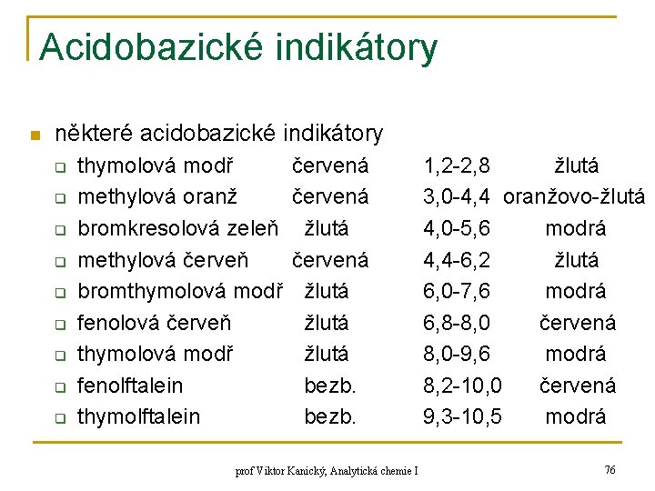 Acidobazické indikátory n některé acidobazické indikátory q q q q q thymolová modř methylová