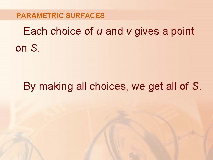 PARAMETRIC SURFACES Each choice of u and v gives a point on S. By
