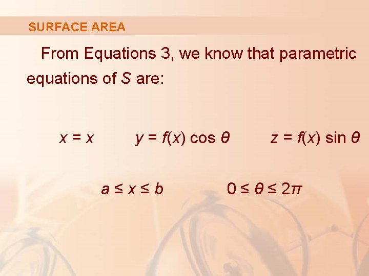 SURFACE AREA From Equations 3, we know that parametric equations of S are: x=x