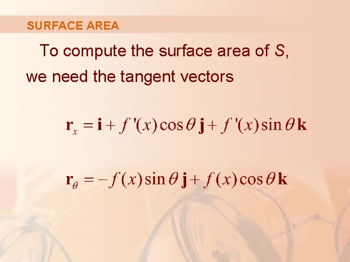 SURFACE AREA To compute the surface area of S, we need the tangent vectors
