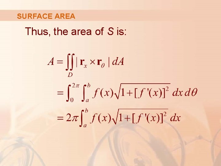 SURFACE AREA Thus, the area of S is: 