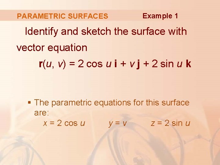 PARAMETRIC SURFACES Example 1 Identify and sketch the surface with vector equation r(u, v)
