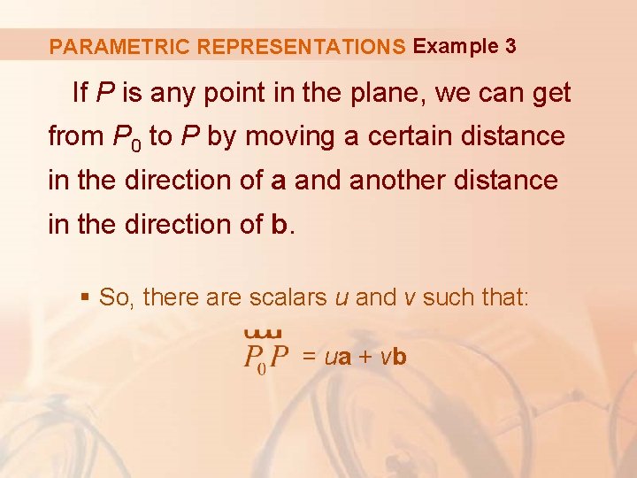 PARAMETRIC REPRESENTATIONS Example 3 If P is any point in the plane, we can