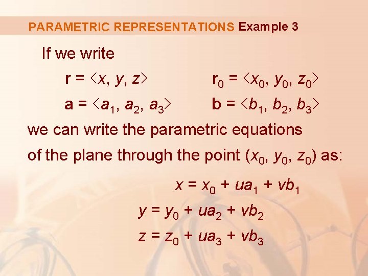 PARAMETRIC REPRESENTATIONS Example 3 If we write r = <x, y, z> r 0