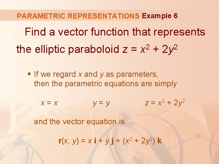 PARAMETRIC REPRESENTATIONS Example 6 Find a vector function that represents the elliptic paraboloid z