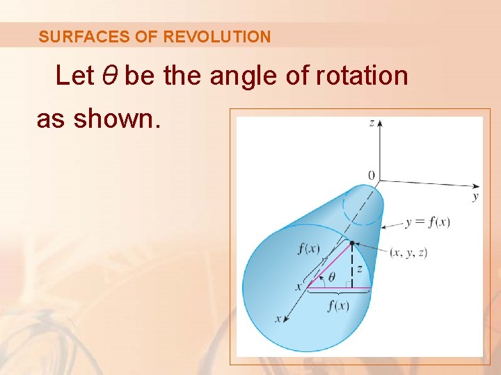 SURFACES OF REVOLUTION Let θ be the angle of rotation as shown. 