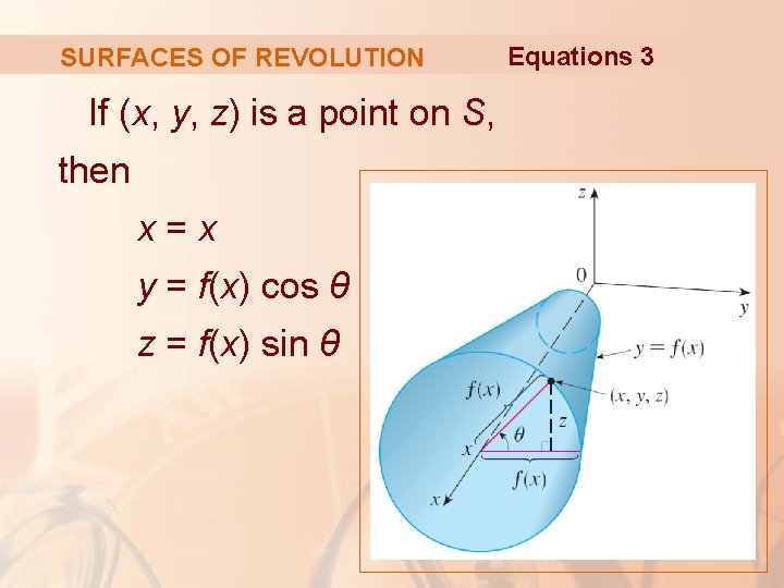 SURFACES OF REVOLUTION If (x, y, z) is a point on S, then x=x