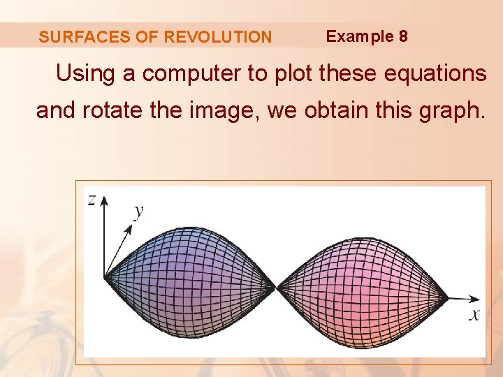 SURFACES OF REVOLUTION Example 8 Using a computer to plot these equations and rotate